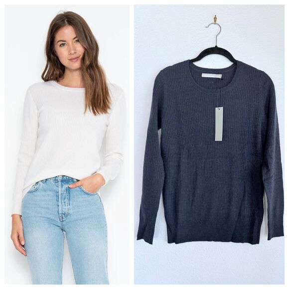 NWT Revolve One Gray Day Tenley !00% Cashmere Ribbed Pullover Sweater in Navy S - Picture 1 of 13